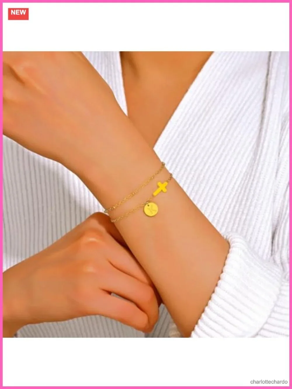 18K Gold Plated Cross Initial Bracelet Dainty Disc Charm Christian Gift